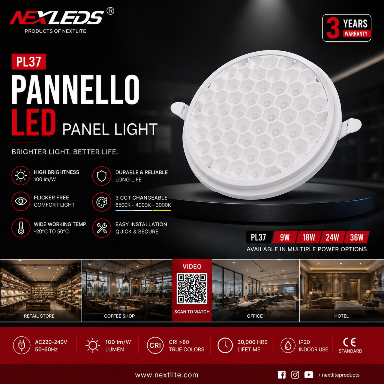 PANNELO LED PANEL LIGHT PL37 9W / 18W / 24W / 36W 